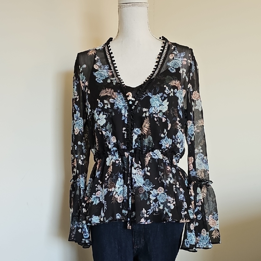 WHBM Floral Black Sheer Women's Top